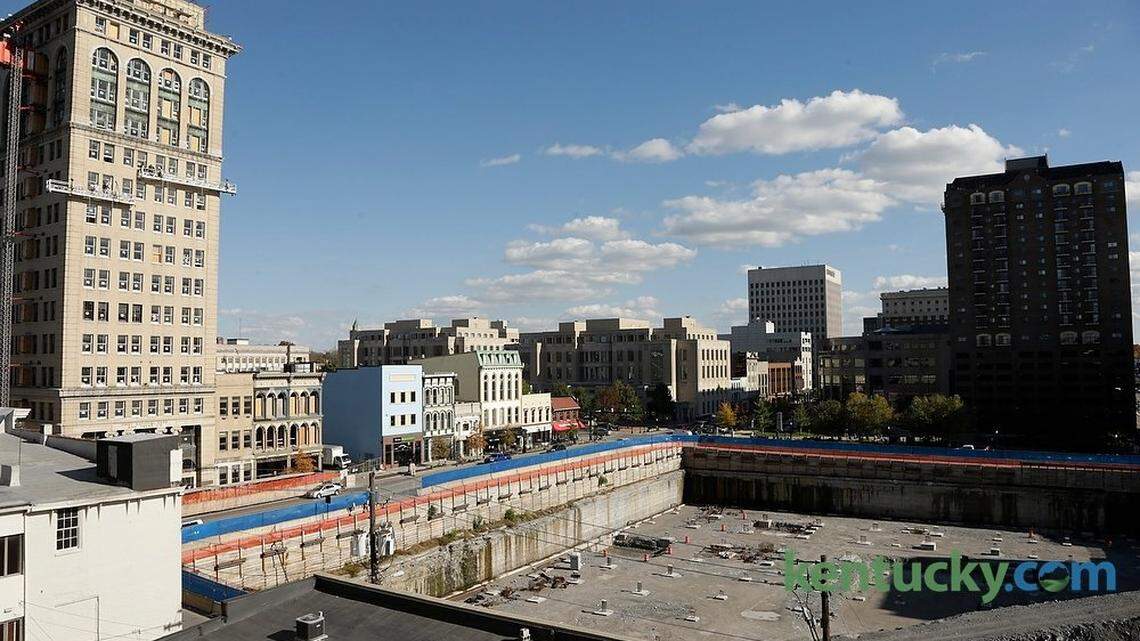 This is how the CentrePointe block looked in late October, while initial work was being done for an underground parking garage. Two big cranes were installed by the end of the year and remain on the site.