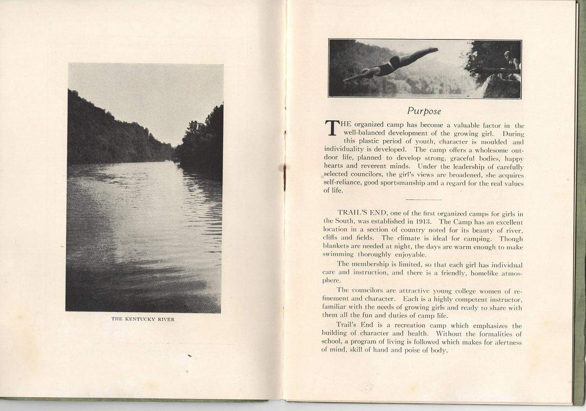 A 1927 Trail’s End camp brochure features the purpose of the camp and advertises the activities the females could participate in.