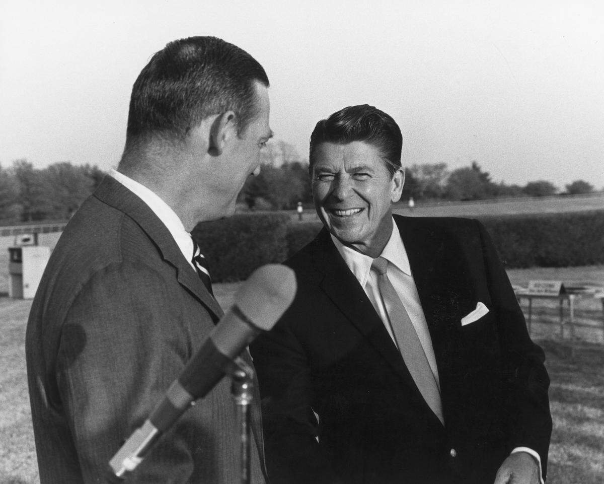 Ronald Reagan, right, then governor of California, spoke with Keeneland president James E. “Ted” Bassett III at the Republican Governors Conference, which was held at Keeneland in April 1969.