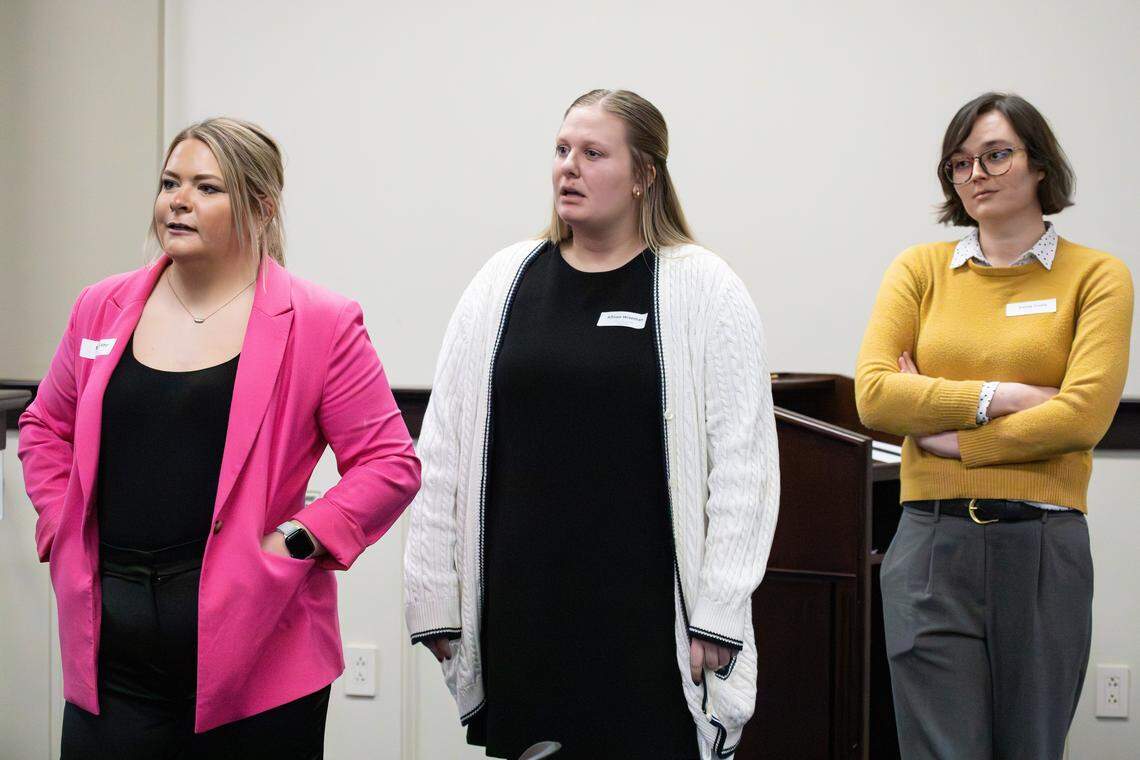 From left, Sarah Ritter, Allison Wiseman and Emma Curtis in the Kentucky Capitol Annex in Frankfort Feb 2. The three women were there for an ethics hearing into whether Louisville Democratic Rep. Daniel Grossberg violated the state ethics code, including when he invited Curtis to his legislative office, asked her sexually inappropriate questions and offered her alcohol. Grossberg agreed to a public reprimand and to pay $2,000. The three shouted at Grossberg after the hearing, when he mischaracterized that he was cleared of all charges.