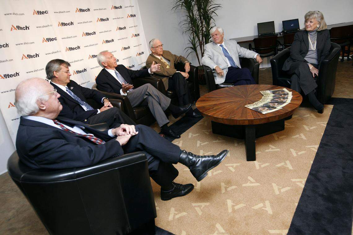 Former Govs. Julian Carroll, Ernie Fletcher, Paul Patton, John Y. Brown Jr. and Martha Layne Collins, and then-Gov. Steve Beshear, talk about the Kentucky Horse Park and the Alltech FEI World Equestrian Games at the Kentucky Horse park Oct. 3, 2010, in Lexington.