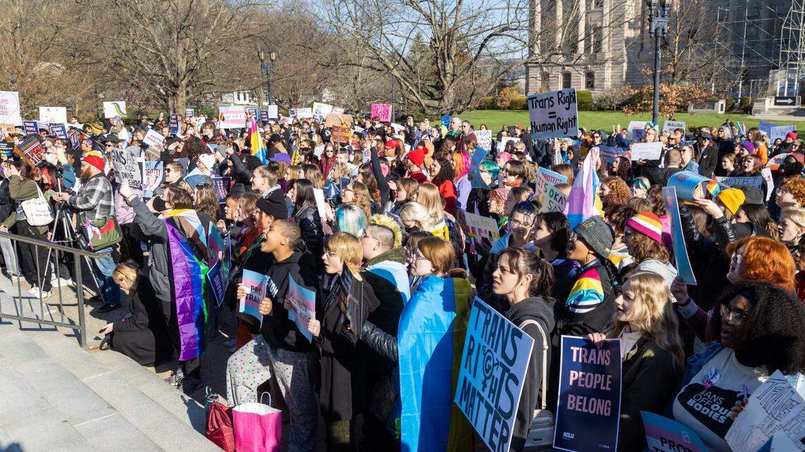 Teens from various areas of Kentucky gathered in front of the Kentucky Capitol Annex building on March 29, 2023, to protest Senate Bill 150.