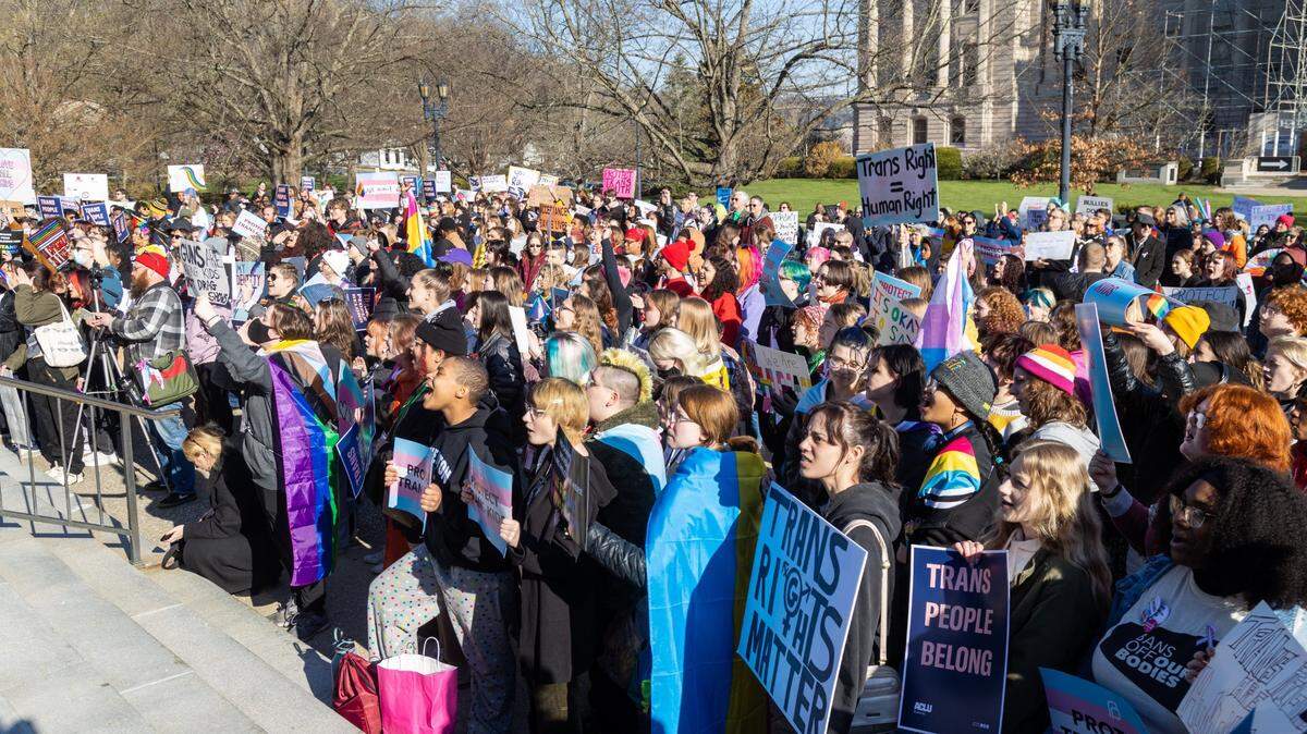 Teens from various areas of Kentucky gathered in front of the Kentucky Capitol Annex building Wednesday morning to protest against SB150 which would ban gender-affirming health care for transgender teens, March 29, 2023