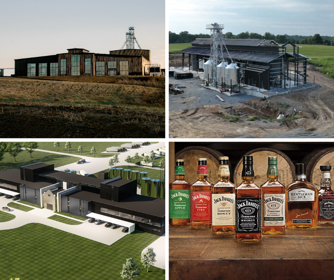 Four Kentucky distillers have been in the news lately with negative news: From top left, Garrard County Distilling closed and has been taken over by Truist Bank; Luca Mariano Distilling owes millions before it even opens; Brown-Forman’s stock price tanked after it reported sales down for the year; and Whiskey House of Kentucky is facing a $1.2 million lien from builder Buzick Construction.