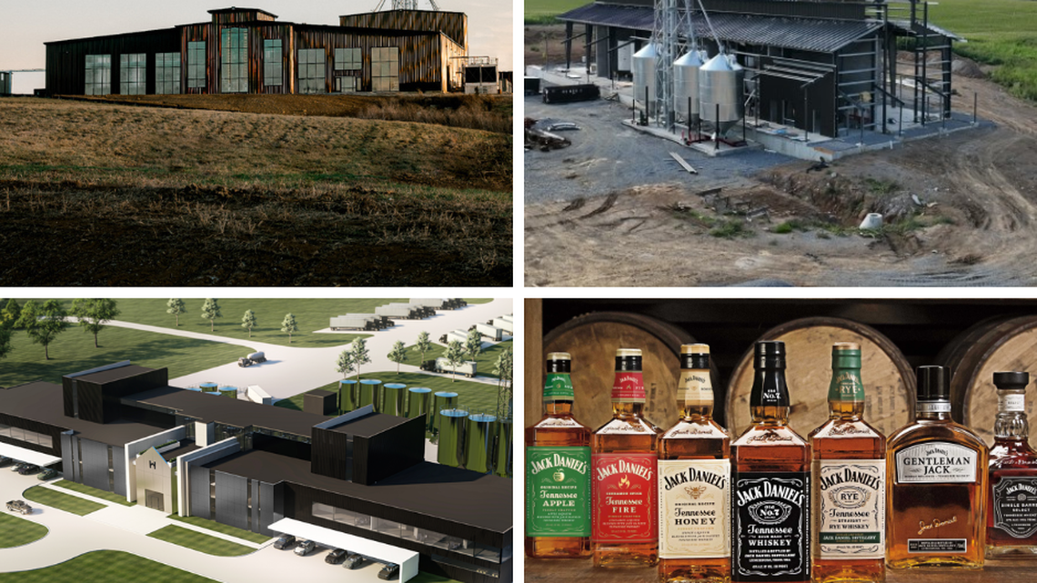 Four Kentucky distillers have been in the news lately with negative news: From top left, Garrard County Distilling closed and has been taken over by Truist Bank; Luca Mariano Distilling owes millions before it even opens; Brown-Forman’s stock price tanked after it reported sales down for the year; and Whiskey House of Kentucky is facing a $1.2 million lien from builder Buzick Construction.