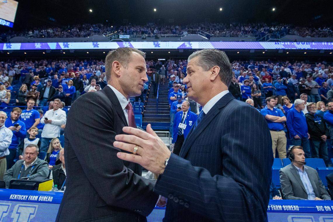 Alabama head coach Nate Oats, left, is 3-3 as Crimson Tide head man vs. Kentucky and Wildcats coach John Calipari, right.