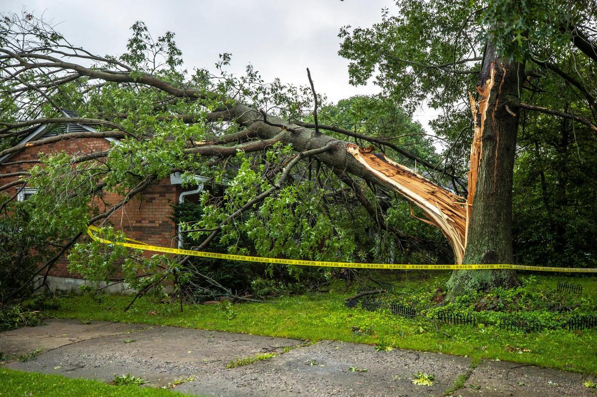 Severe weather caused a tree to fall on home on Merewood Drive in Lexington, Ky., on Sunday, July 2, 2023. The storms caused damage around the city and power outages.