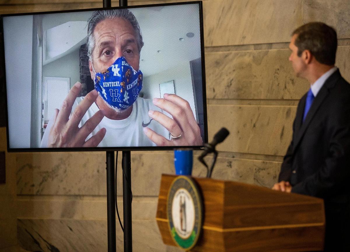 Gov. Andy Beshear showed a video from Kentucky Coach John Calipari encouraging people to wear a mask during a press conference to update the state about the coronavirus.