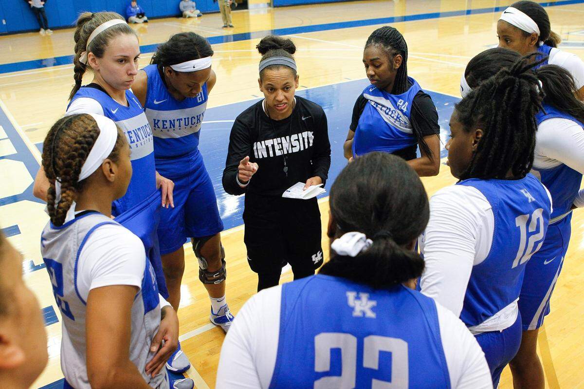 Amber Smith, center, was a player, then a longtime assistant coach for Kentucky. Now, she’s back in Lexington operating her new player development business.