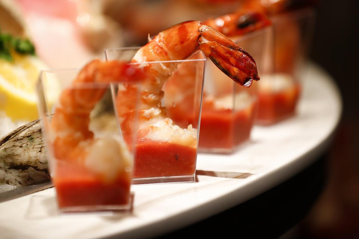 Tiger shrimp cocktail sat on display during a ribbon cutting and dry run for the new Jeff Ruby’s Steakhouse at City Center in downtown Lexington.