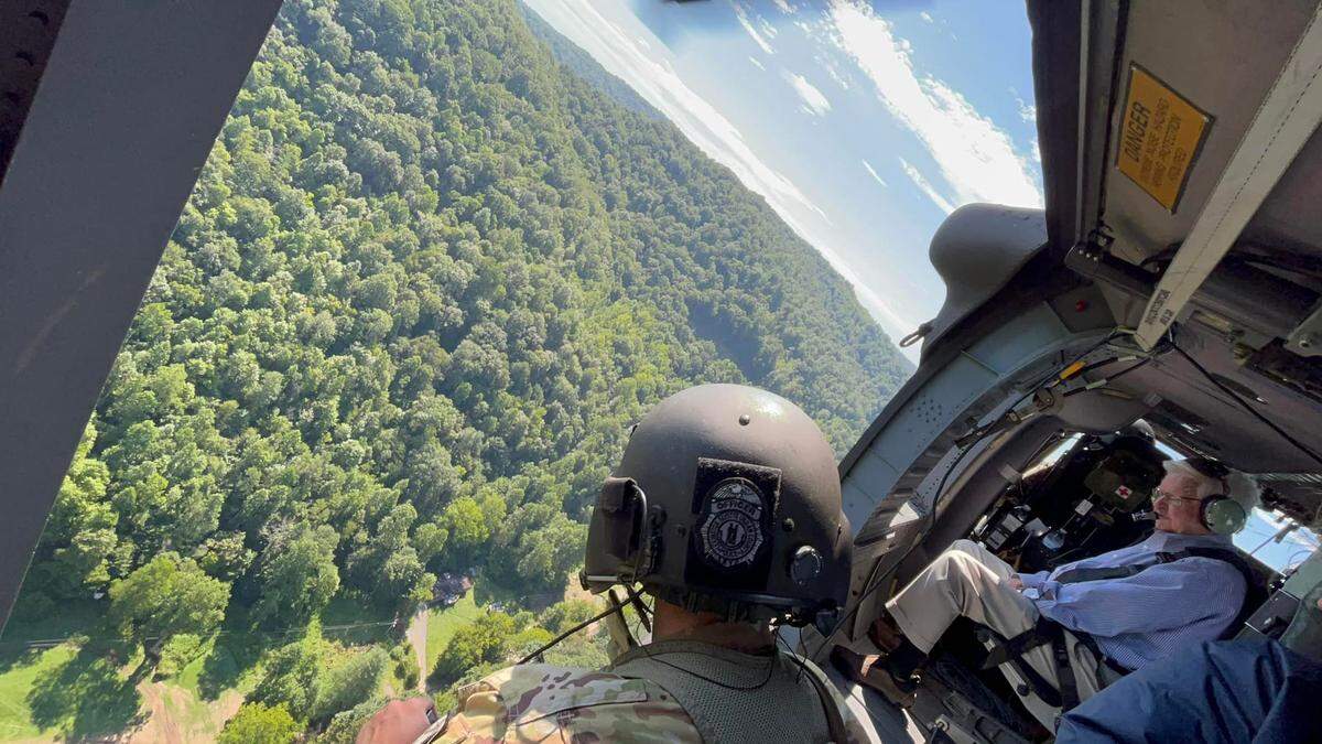 U.S. Rep. Harold “Hal” Rogers flew over flood-damaged areas of Eastern Kentucky on Aug. 4, 2022 in a Kentucky National Guard helicopter.