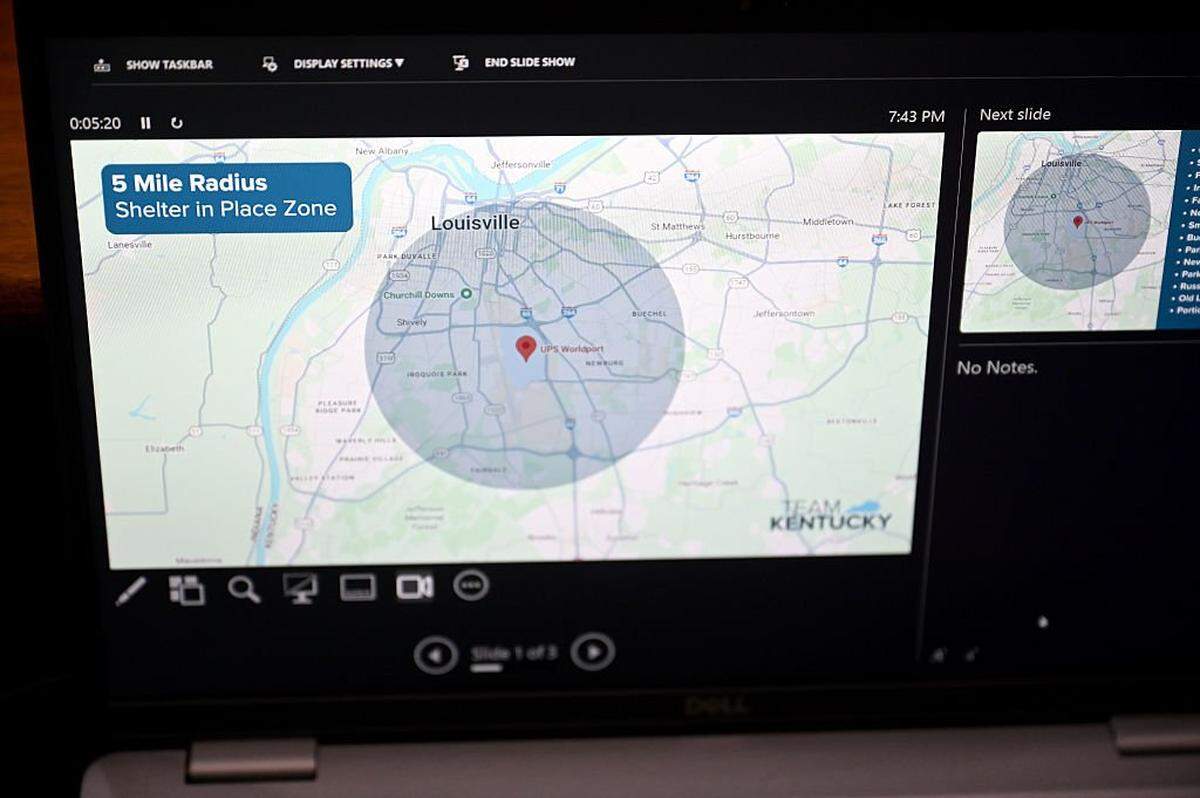LOUISVILLE, KENTUCKY - NOVEMBER 04: A computer screen shows a five-mile radius of a shelter-in-place order during a news conference on the UPS cargo plane that crashed near Louisville Muhammad Ali International Airport, at Louisville Metro Hall on November 04, 2025 in Louisville, Kentucky. The fully fueled plane crashed shortly after takeoff.  (Photo by Stephen Cohen/Getty Images)(Photo by Stephen Cohen/Getty Images)
