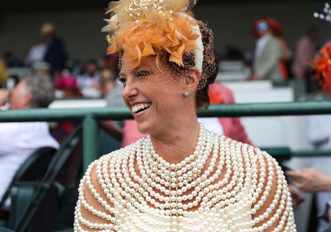 Marnie Rossow based her outfit around her pearl shawl for the Kentucky Derby at Churchill Downs in Louisville, Ky., Saturday, May 6, 2023. She made her fascinator from two seperate pieces.