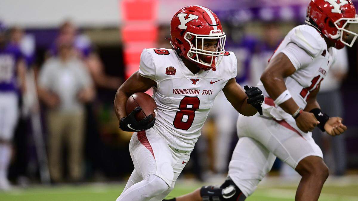 Youngstown State running back Jaleel McLaughlin was an AP Third Team FCS All-America choice in 2021 after running for 1,139 yards and 12 TDs and averaging 113.9 yards rushing a game.