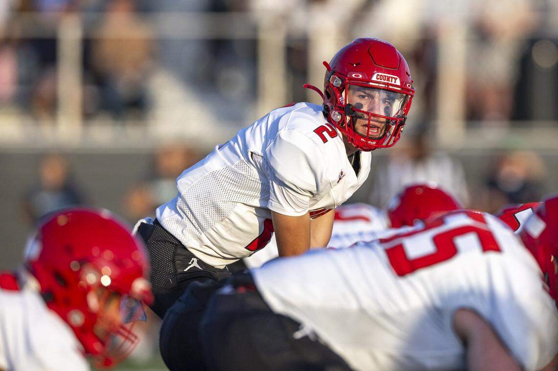 Scott County's Charlie Ellison (2) calls out then count during a game at Great Crossing High School Birds Nest in Georgetown, Ky., on Friday, Aug. 29, 2025.