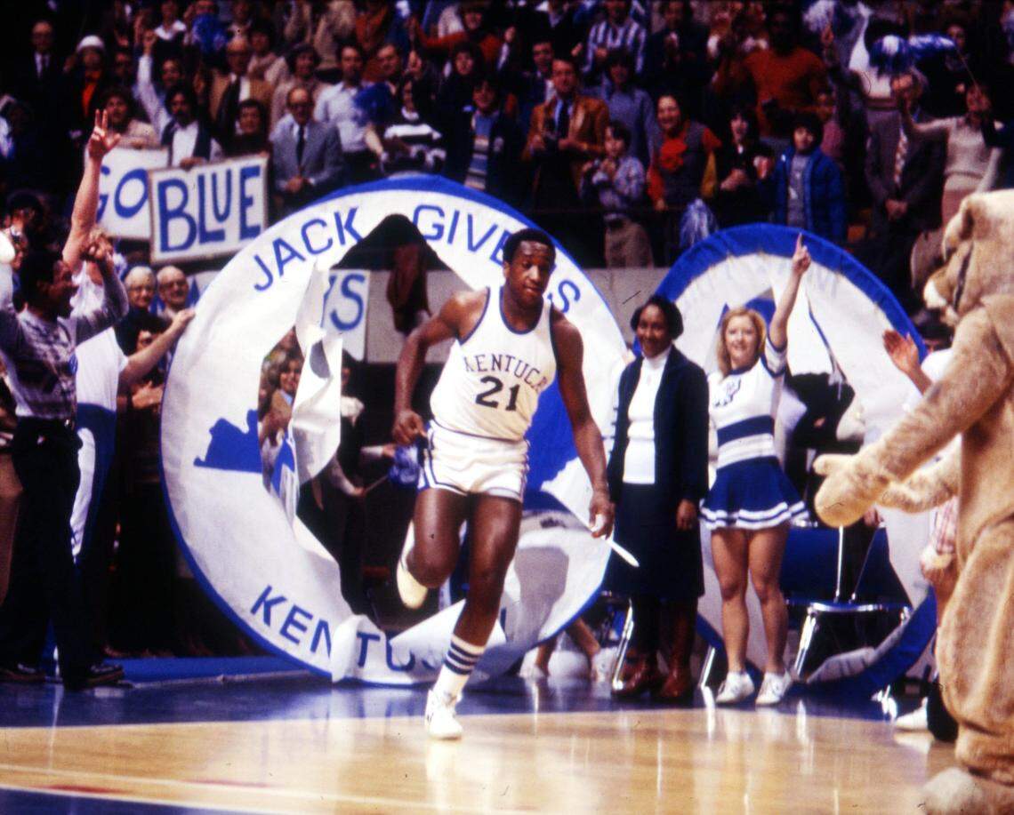 University of Kentucky star Jack Givens runs through the hoop during Senior Day activities at Rupp Arena on March 4, 1978.