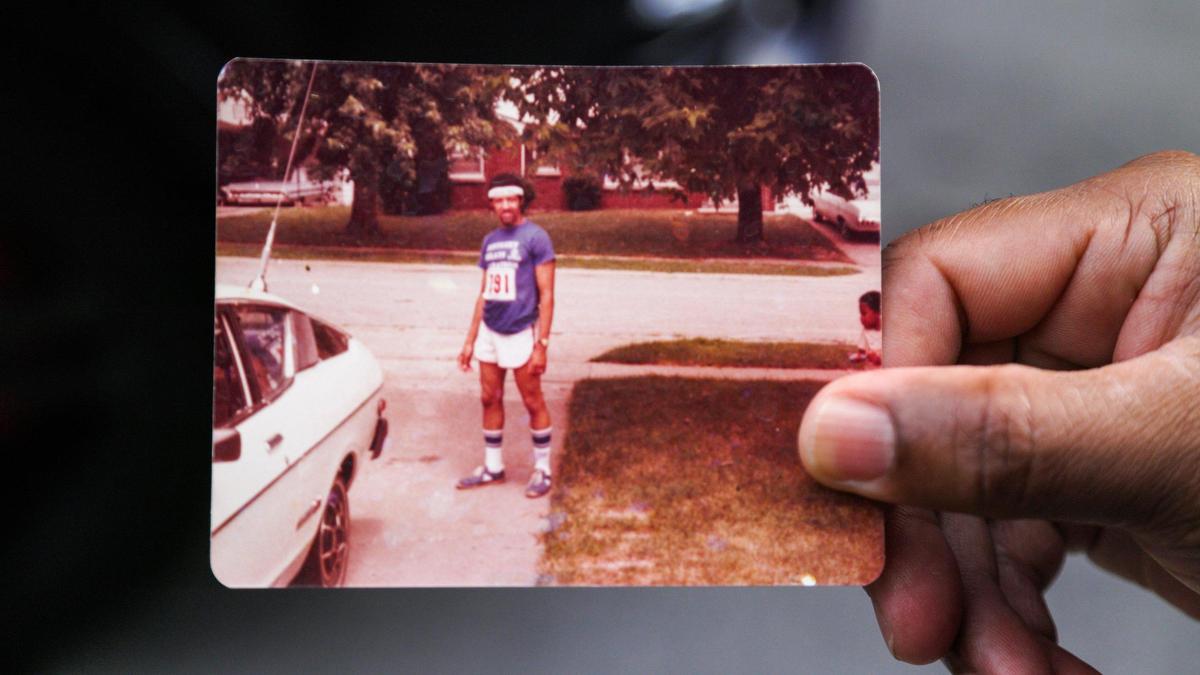 Photo of runner Rev. William Marks dated 1976 held by his nephew Quinton Marks. William plans to be in the 2021 Bluegrass 10,000 marathon on Saturday, June 3, being pushed in a wheelchair by Quinton.