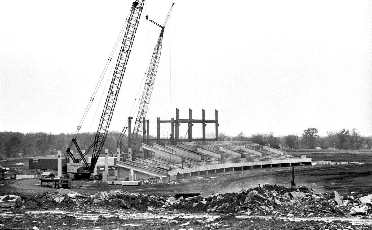 Construction on what would become Commonwealth Stadium, as seen in early November 1972. The stadium was officially opened on Sept. 15, 1973, as the Wildcats moved into their new home after spending 48 years at Stoll Field/McLean Stadium across from Memorial Coliseum.