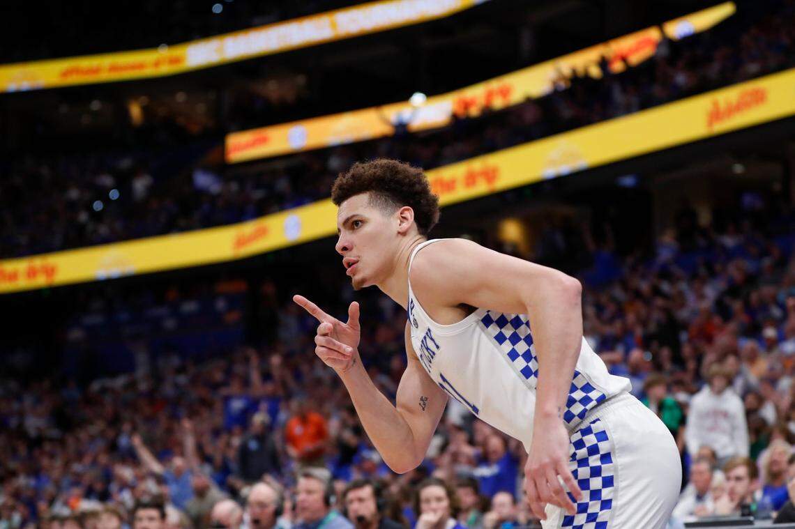 Kentucky guard Kellan Grady (31) went 0-of-5 on three-point tries and 1-of-8 on field-goal attempts as the Wildcats fell to Tennessee 69-62 in the 2022 SEC Tournament semifinals in Tampa.