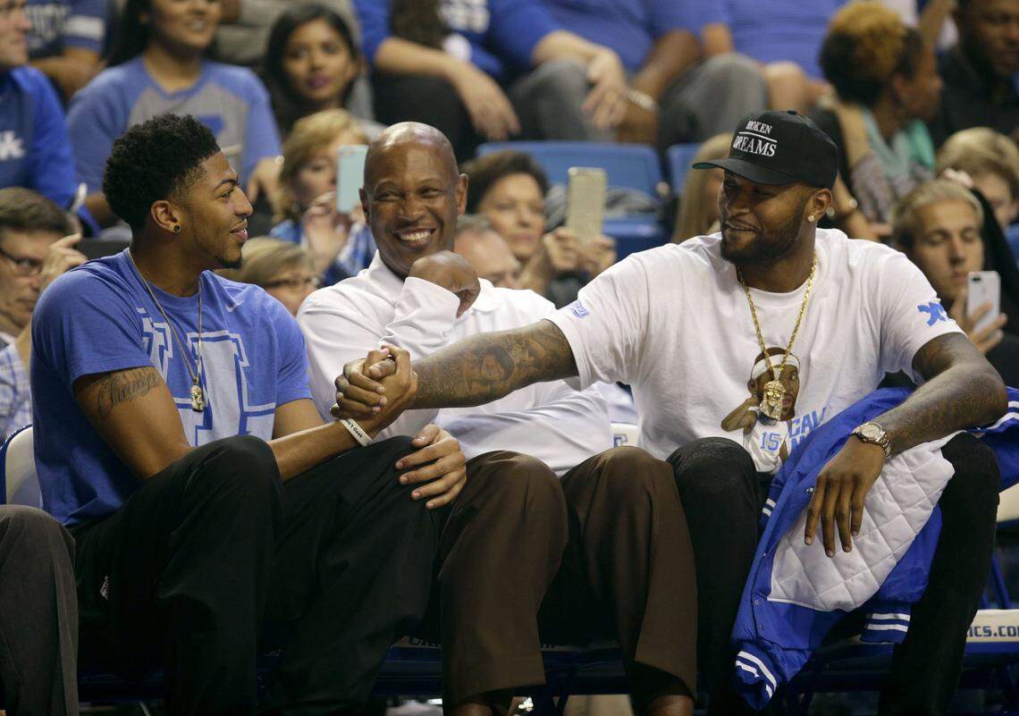 Anthony Davis, left, former UK assistant coach Kenny Payne, center, and DeMarcus Cousins joke around during Big Blue Madness in 2015.
