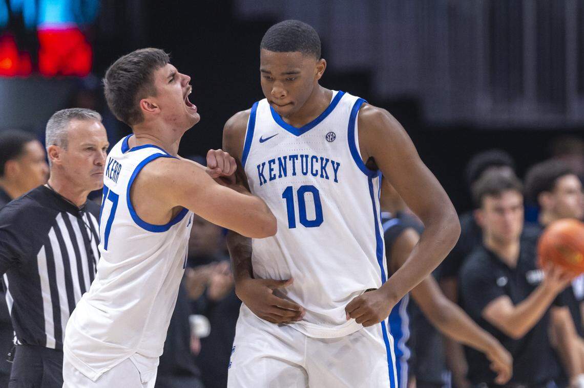 Kentucky guard Kerr Kriisa pumps up Wildcats forward Brandon Garrison during the team’s win over Duke in Atlanta last month.