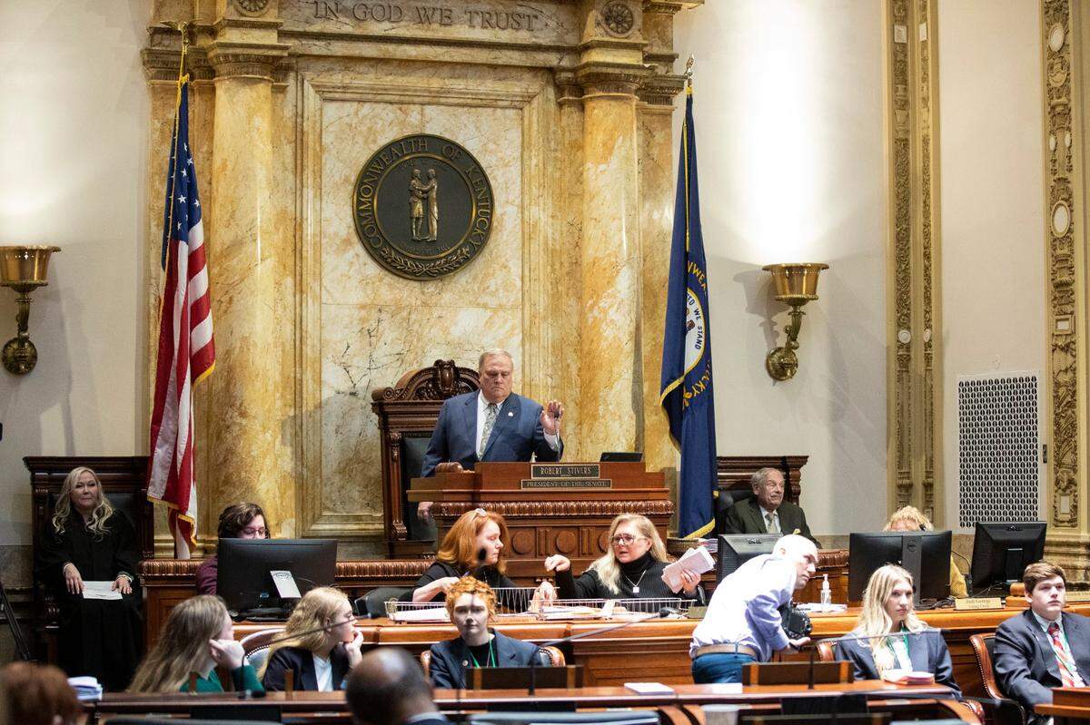 President of the Senate Robert Stivers calls the Senate into session during the opening day of the 2023 legislative session for the Kentucky General Assembly at the Capitol in Frankfort, Ky., Tuesday, January 3, 2023.