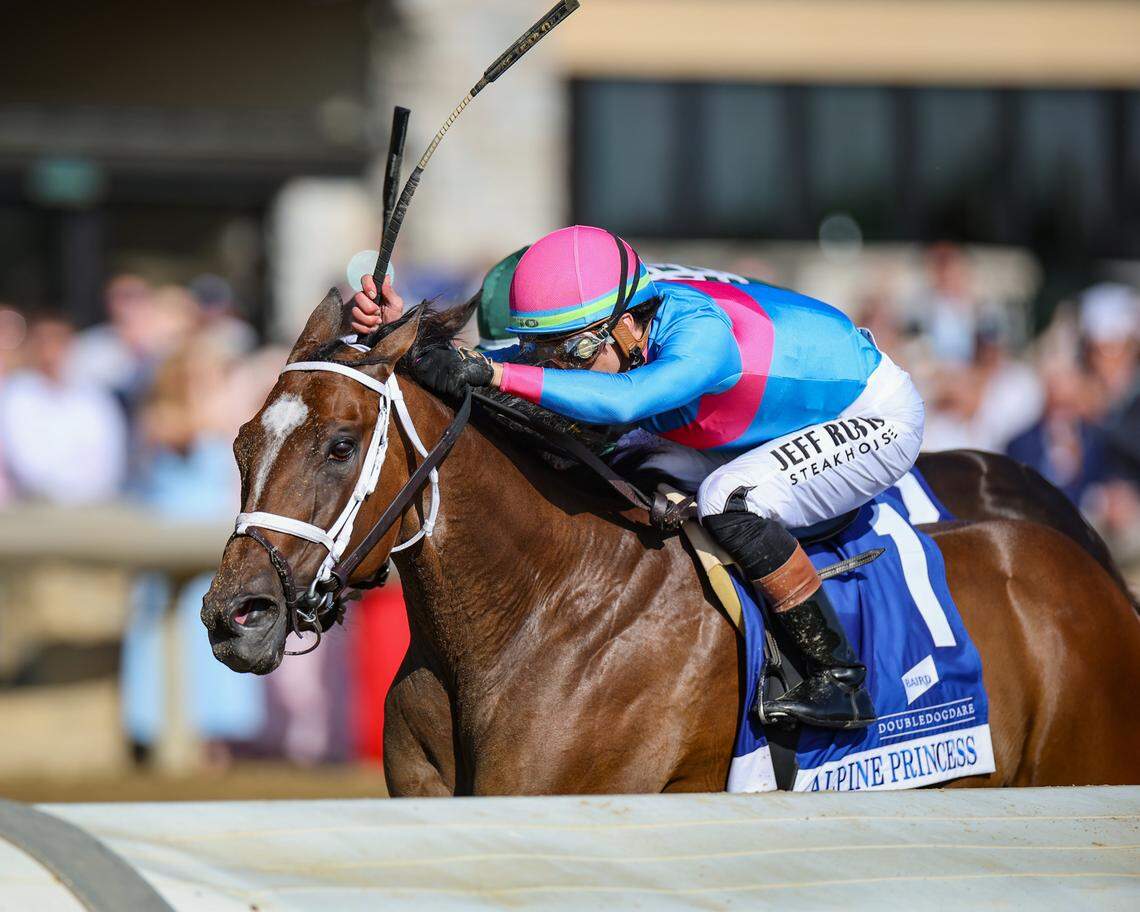 Alpine Princess (1), with Irad Ortiz, Jr. up, wins the Grade 2 Baird Doubledogdare Stakes on April 17 at Keeneland Race Course in Lexington, Kentucky.