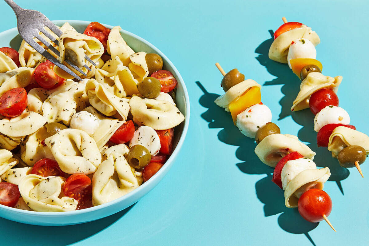 Deconstruct your kid's favorite foods into kebab's like these from a pasta salad.