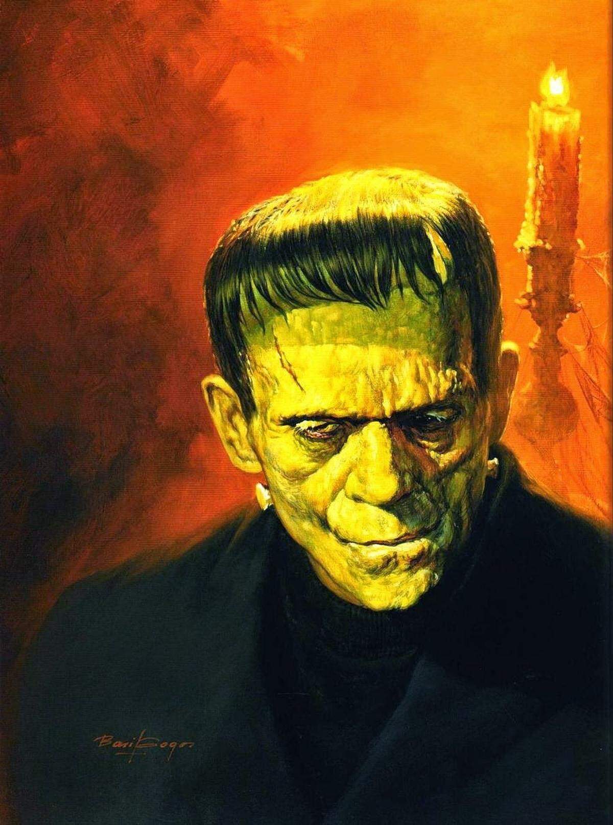 Basil Gogos produced dozens of covers for the horror magazine Famous Monsters of Filmland over more than 20 years. This is his 1969 portrait of Frankenstein’s monster as played by Boris Karloff.