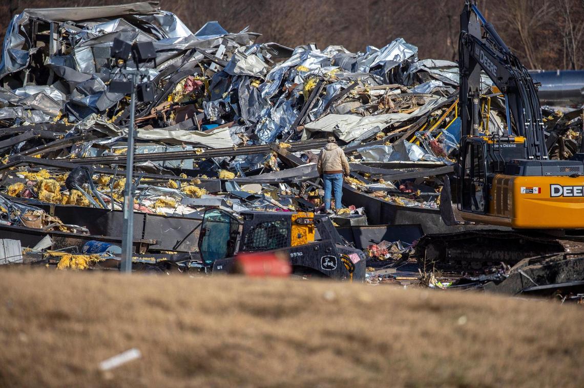 Search are rescue efforts are underway at Mayfield Consumer Products, a candle factory, Saturday, Dec. 11, 2021, after a tornado traveled through the region Friday night.
