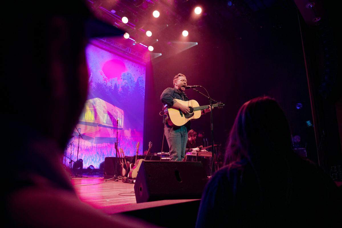 Tyler Childers performs Friday, Feb. 7, 2020, at the Ryman Auditorium in Nashville, Tenn. Childers is in the middle of a two-weekend residency on the famous stage. He and his band, The Foodstamps, performed ballads and rockabilly tunes under a psychedlic light show.