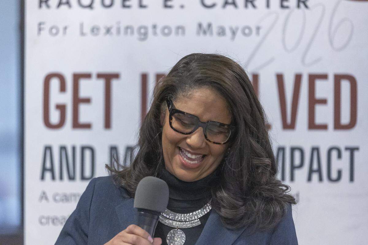 Lexington mayoral candidate Raquel Carter speaks during a campaign launch at the Mirror Twin Brewing Annex in Lexington, Ky., on Monday, Feb. 2, 2026.