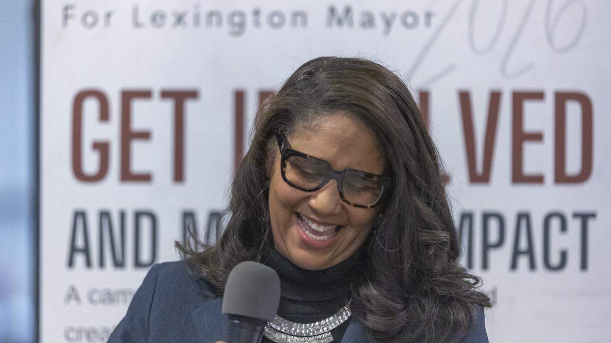 Lexington mayoral candidate Raquel Carter speaks during a campaign launch at the Mirror Twin Brewing Annex in Lexington, Ky., on Monday, Feb. 2, 2026.