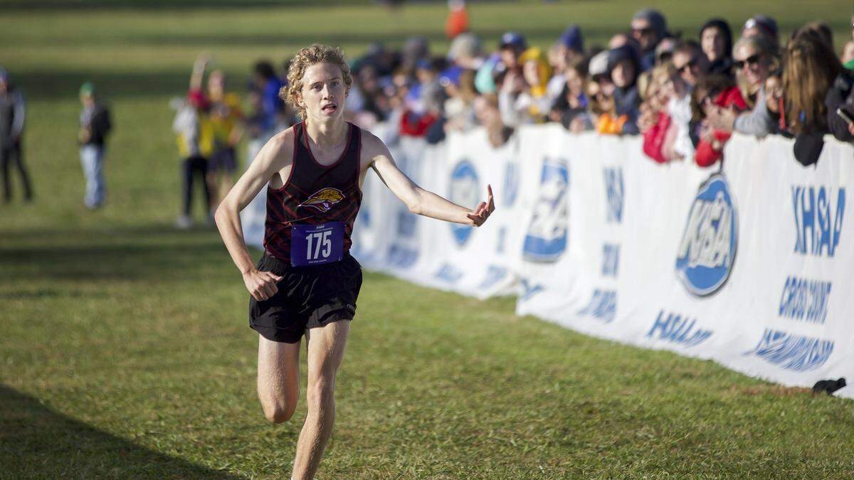 Cooper's Paul Van Laningham nears the finish line during the 2025 KHSAA Class 3A State Cross Country Meet at the Kentucky Horse Park in Lexington, Ky., on Saturday, Nov. 1, 2025. Van Laningham won the individual title. 