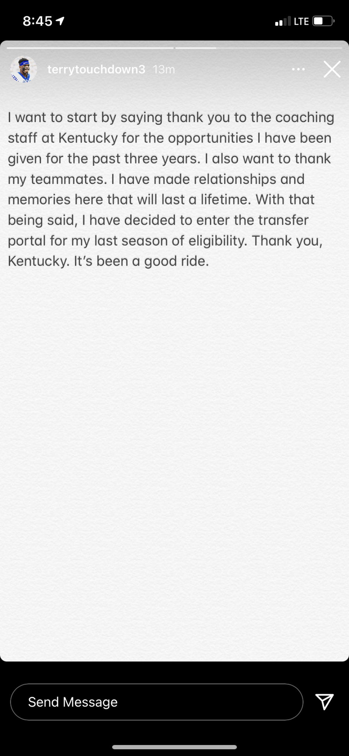 Terry Wilson announced Monday that he is transferring from Kentucky.