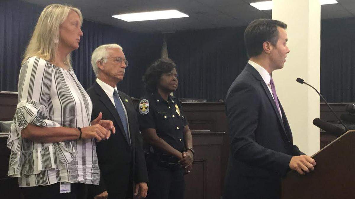 Senate Democratic Leader Morgan McGarvey of Louisville speaks up for ‘red flag’ legislation in Kentucky with Senate Majority Caucus Chair Julie Raque Adams of Louisville, Republican Sen. Paul Hornback of Shelbyville and Louisville Metro Police Department Lt. Col. LaVita Chavous at a Thursday, Aug. 8, 2019, news conference in the Capitol Annex in Frankfort.