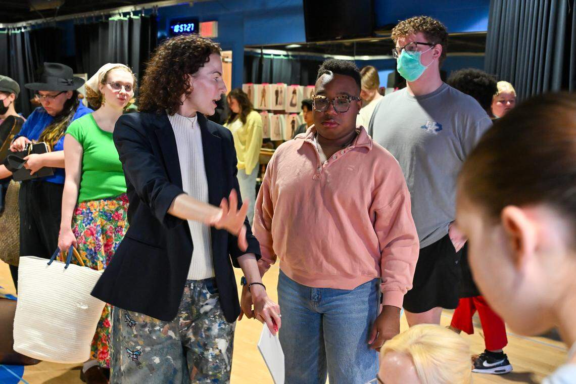 Director Sarah Ina Meyers talks to singer CoryOn Brooks during a rehearsal. The University of Kentucky Opera Theatre presents the world premiere of "A Nation of Others," an opera by Paul Moravec with a libretto by Mark Campbell. This photo was taken at a rehearsal February 28, 2026 in the Schmidt Vocal Arts Center on the University of Kentucky Campus in Lexington, Kentucky.