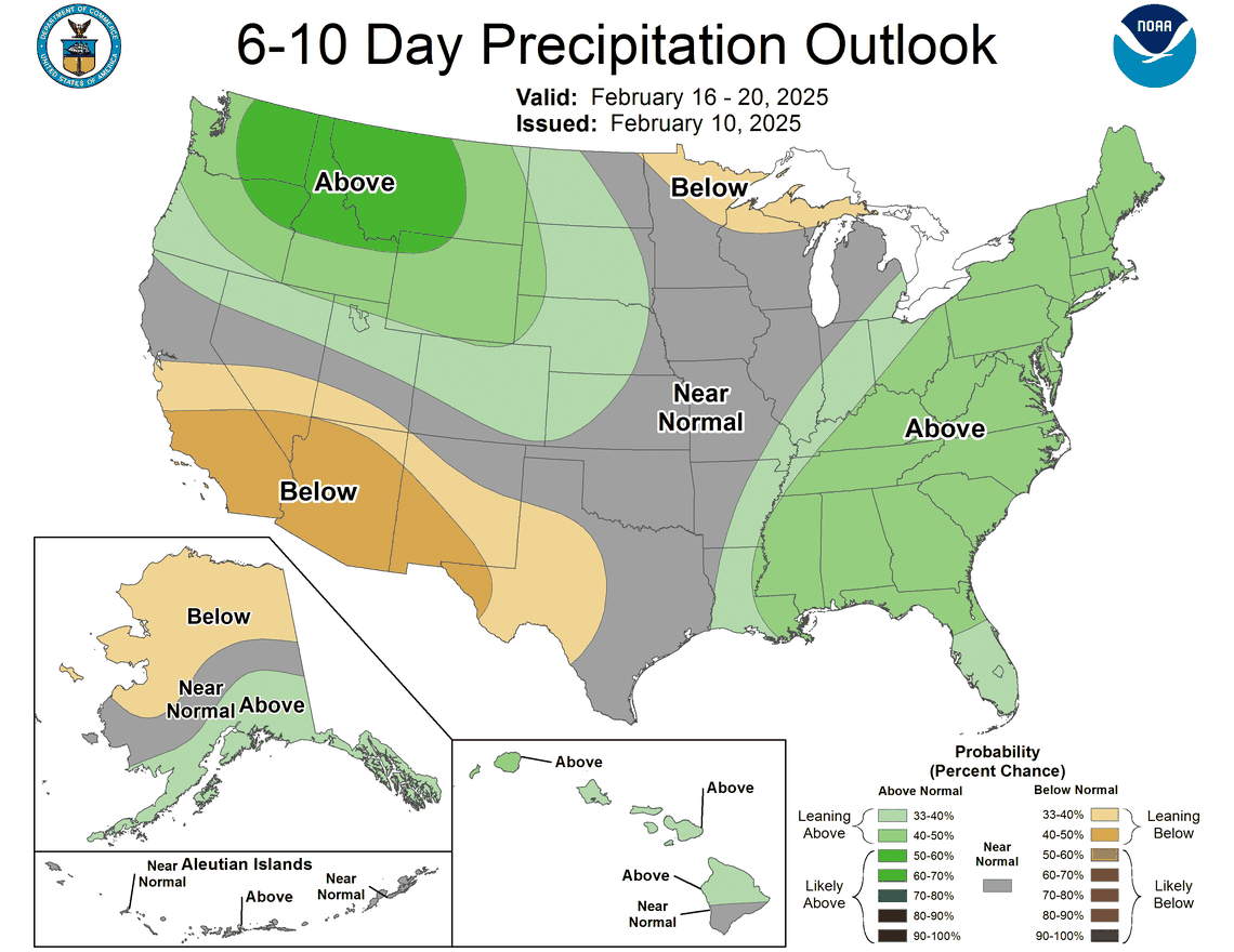An outlook from the national Climate Prediction Center shows precipitation probabilities for the U.S. between Feb. 16-20, 2025.