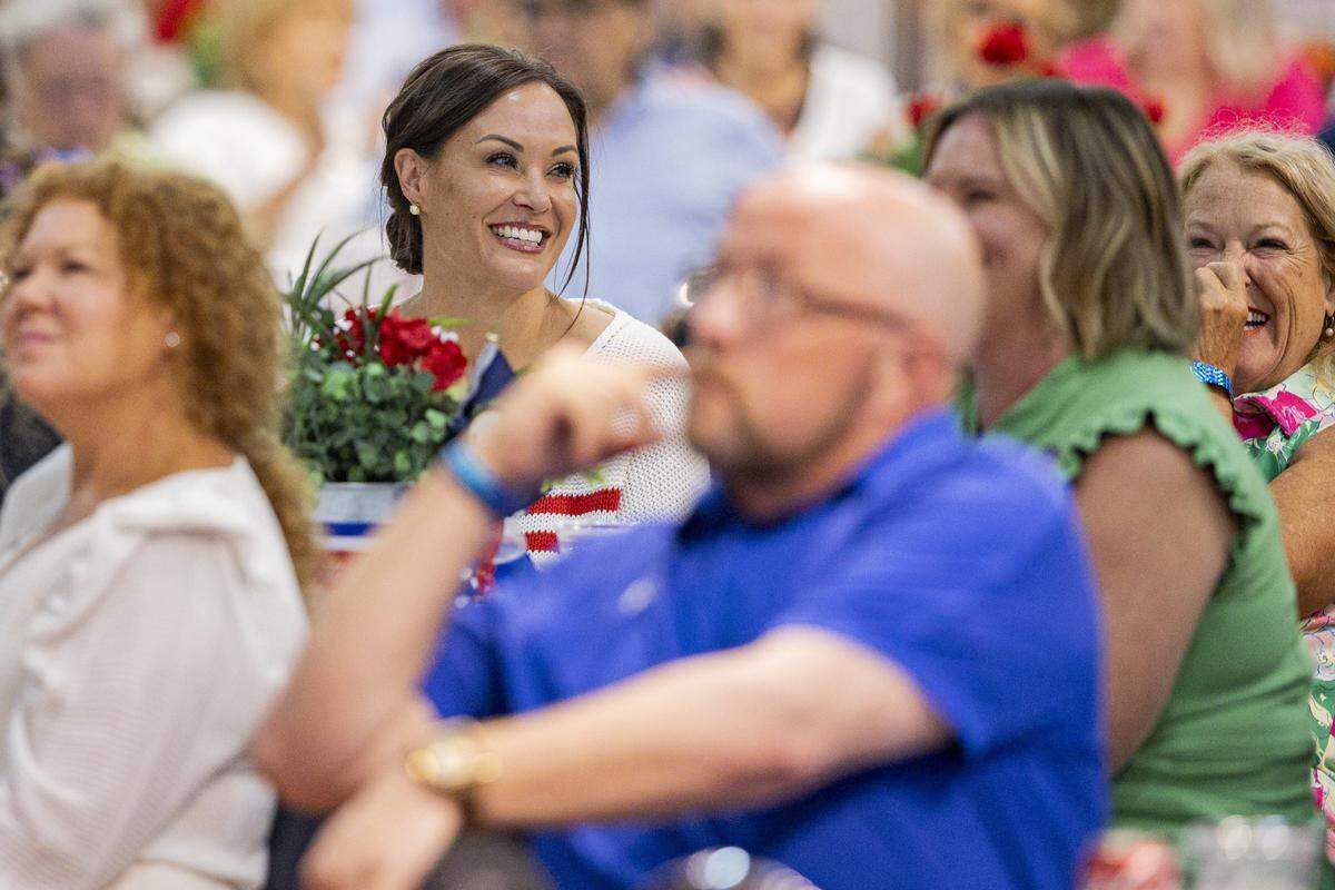 Jacqueline Coleman smiles during Colmon Elridge's speachduring the Democratic Fancy Farm dinner on Friday, Aug. 1, 2025, at the KY Dam Convention Center in Gilbertsville, Ky.