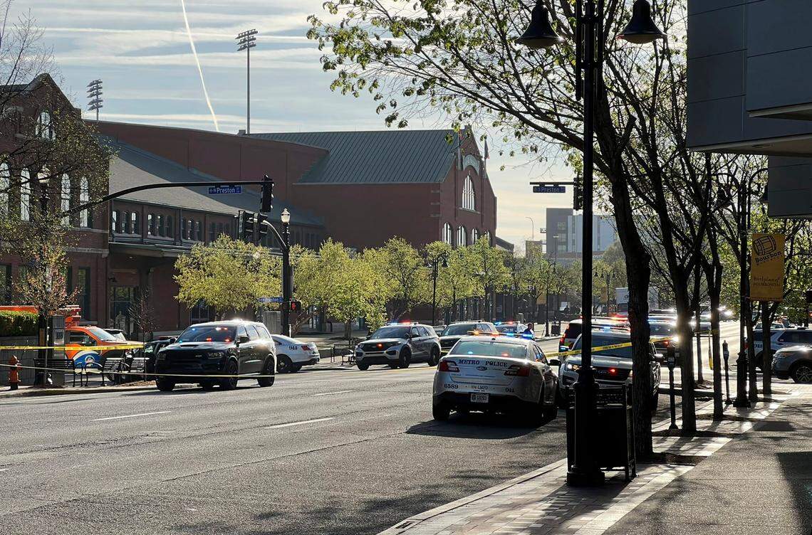 This photo provided by Terrance A. Sullivan shows police presence near the scene of a shooting in Louisville, Ky., Monday, April 10, 2023. (Terrance A. Sullivan via AP)