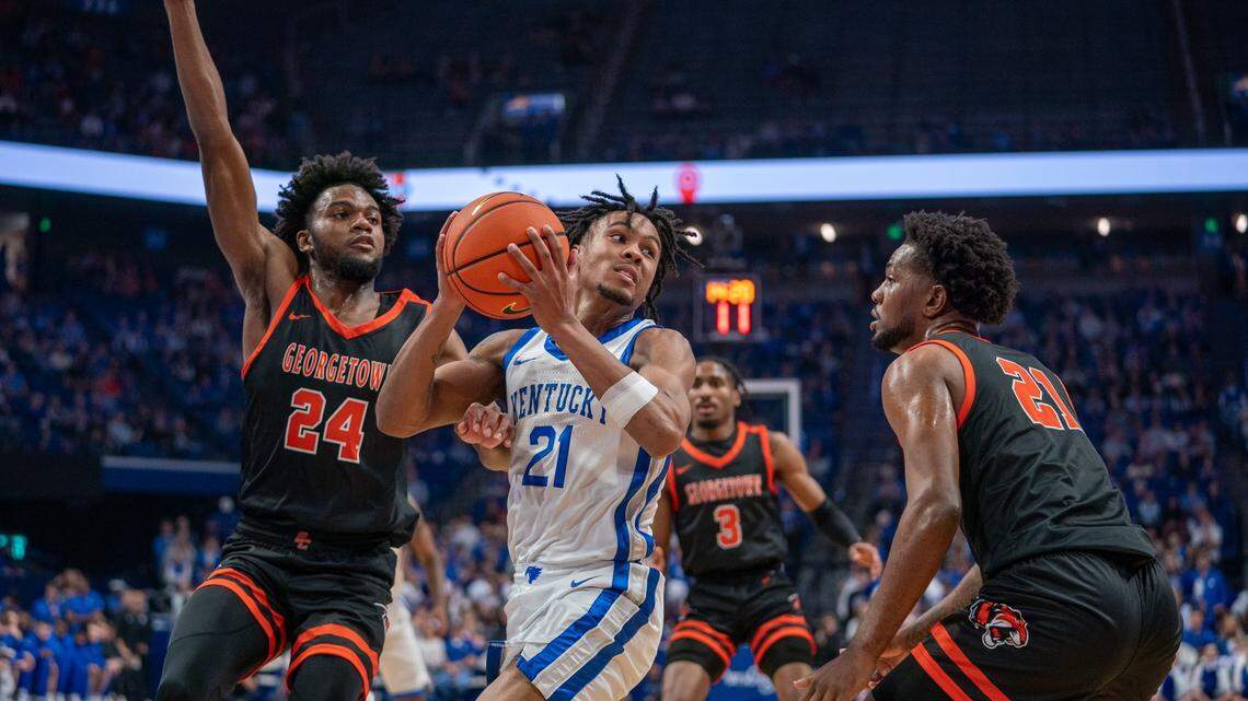 Kentucky basketball’s D.J. Wagner (21) competes against Georgetown College during an exhibition game at Rupp Arena in Lexington, Ky., on Friday, Oct. 27, 2023.