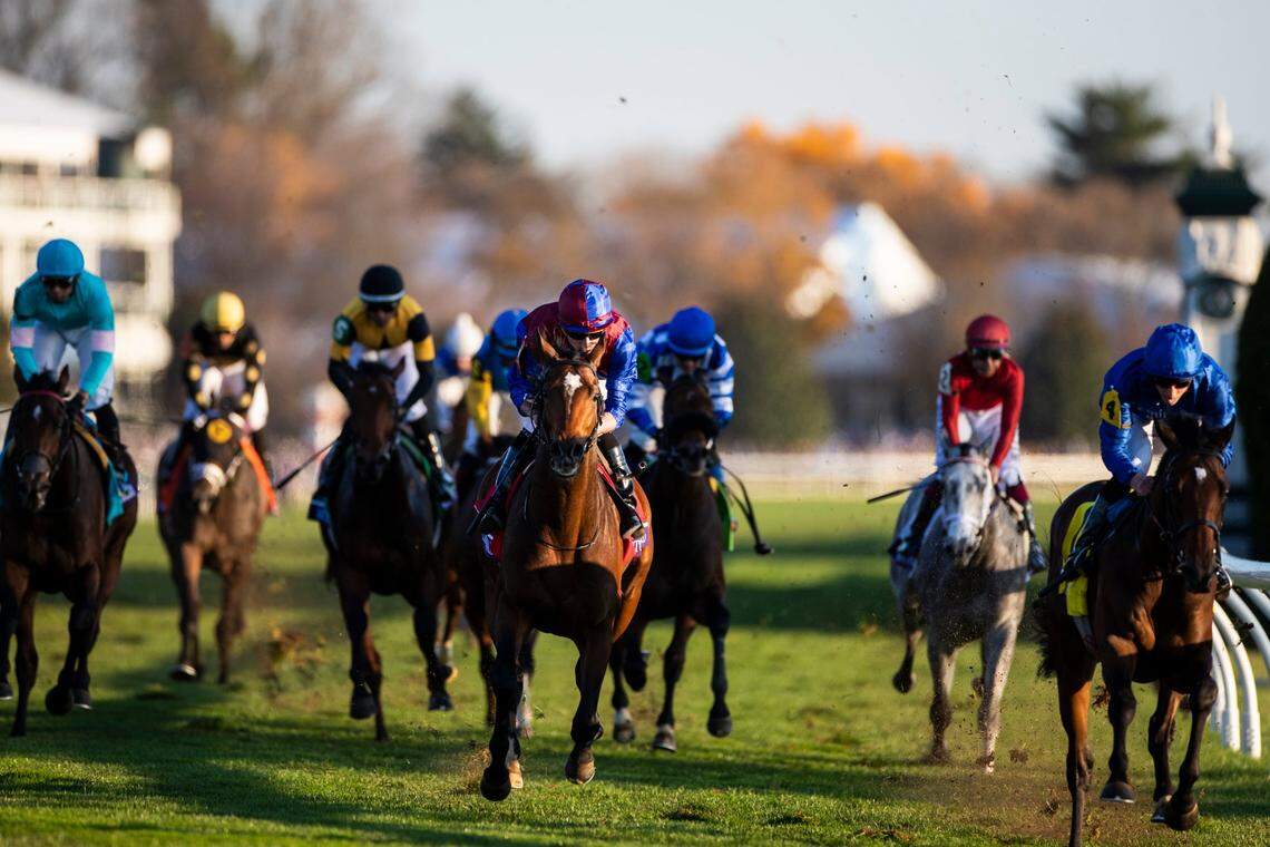 Victoria Road wins the Breeders’ Cup Juvenile Turf by a nose over Silver Knott at Keeneland on Friday.