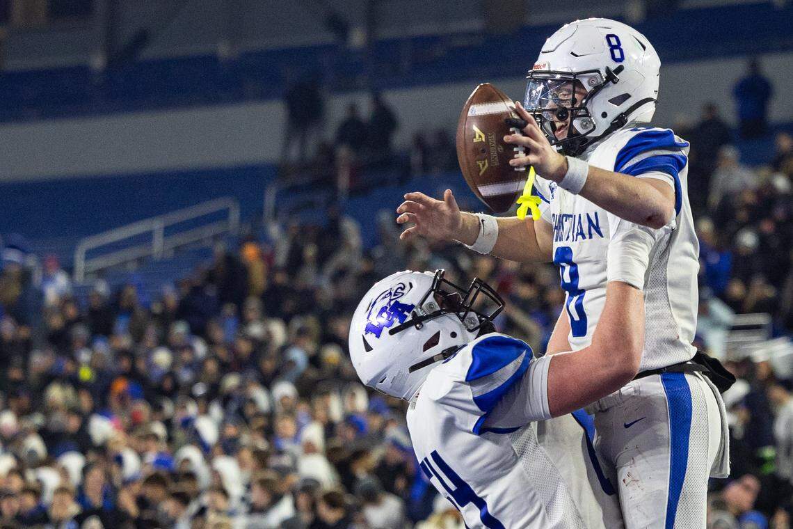 Lexington Christian's quarterback Nash Whelan (8) during UK HealthCare Sports Medicine State Football Finals on Friday, Dec. 5, 2025, at Kroger Field in Lexington, Ky.