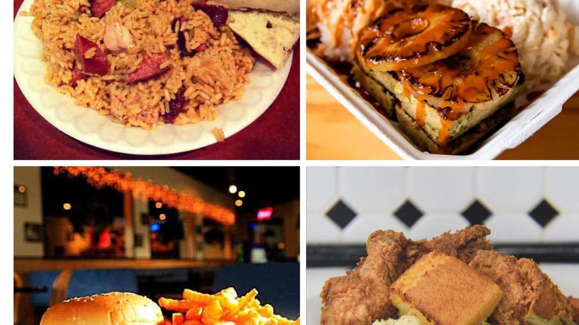 Affordable dining options in Lexington include, from top left, jambalaya from Bourbon n’ Toulouse, chicken teriyaki plate from Big Kahuna Hawaiian Barbecue, fried chicken plate from Critchfield’s and the Ho Burger and fries from Tolly Ho.