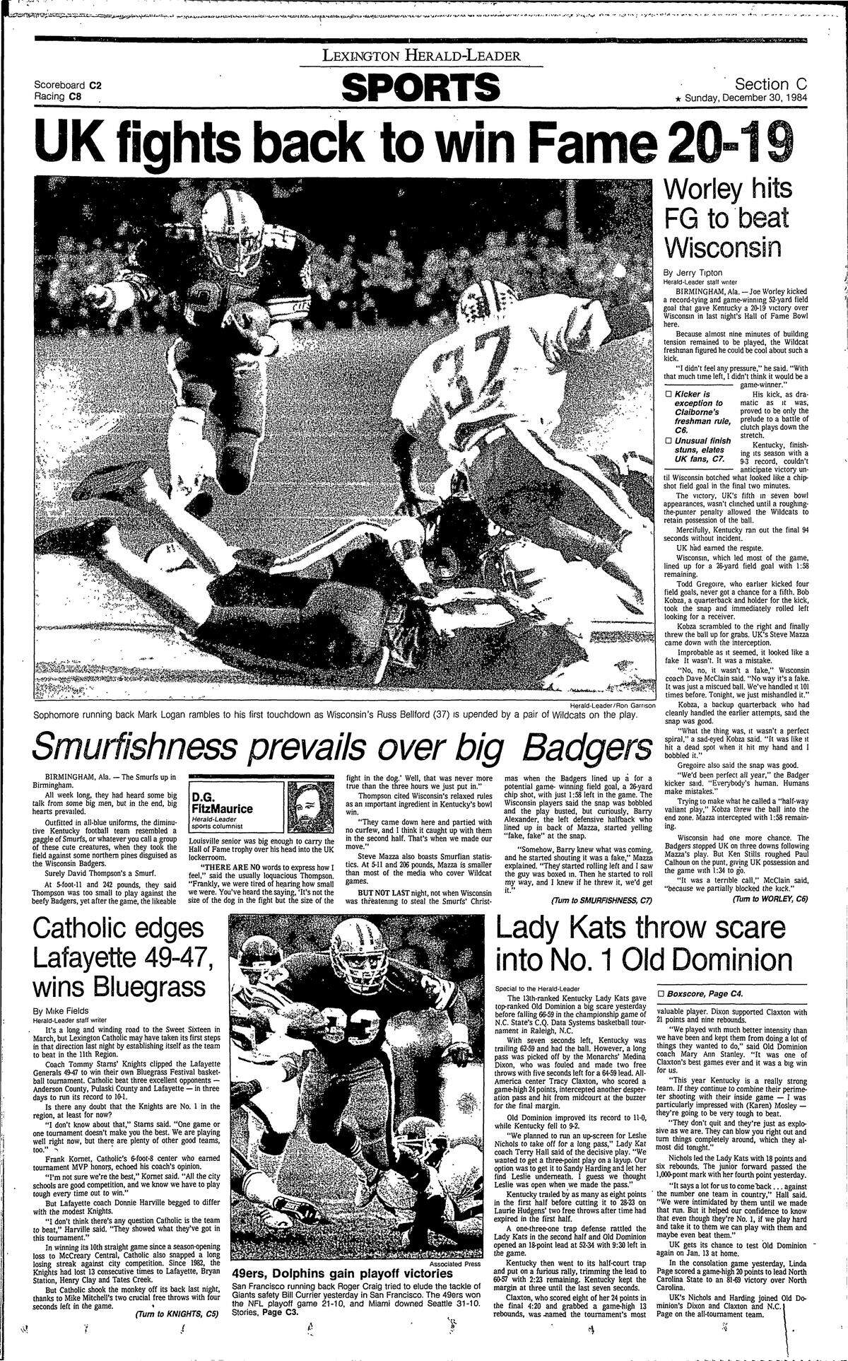 The front page of the the Lexington Herald-Leader sports section on Dec. 30, 1984.