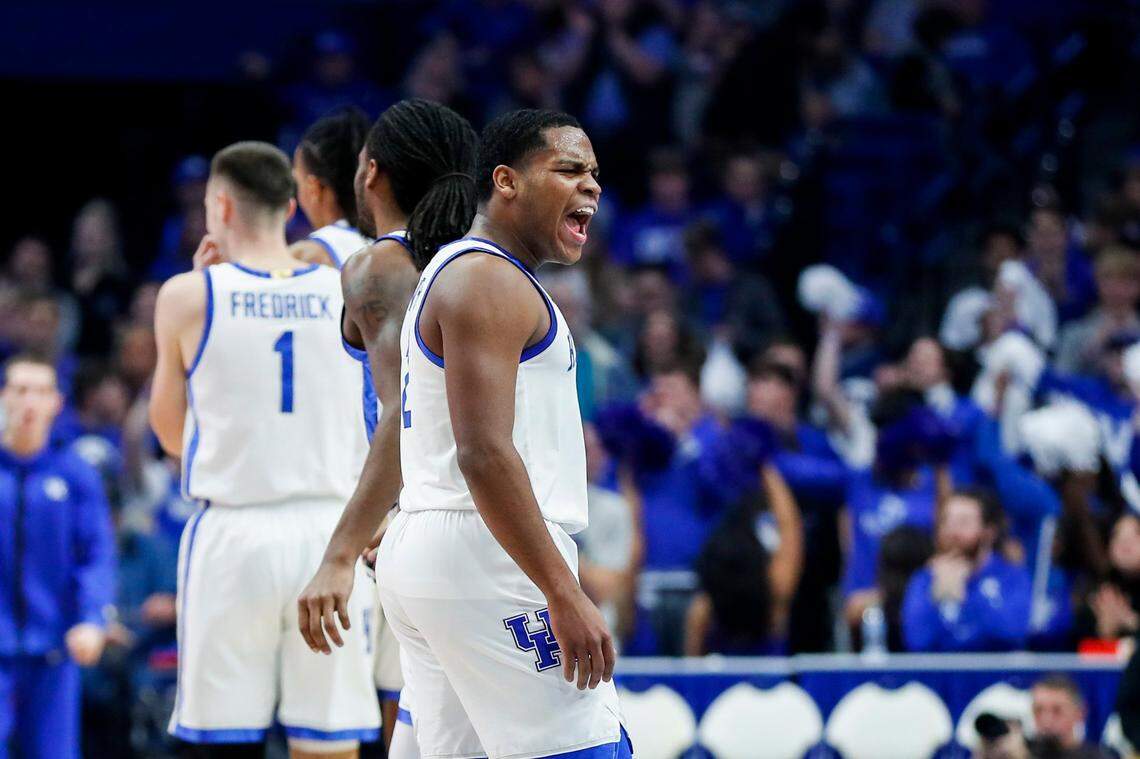 Kentucky’s Sahvir Wheeler celebrates a play during the Wildcats’ win over South Carolina State on Thursday night.