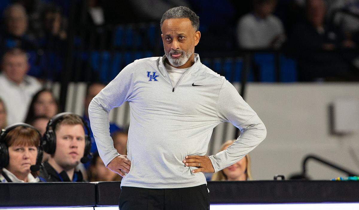 UK head coach Kenny Brooks enjoys watching a Kentucky 3-pointer go through the net during the Wildcats’ 65-56 win over No. 22 Alabama on Thursday night. The Cats made nine 3s on the night.
