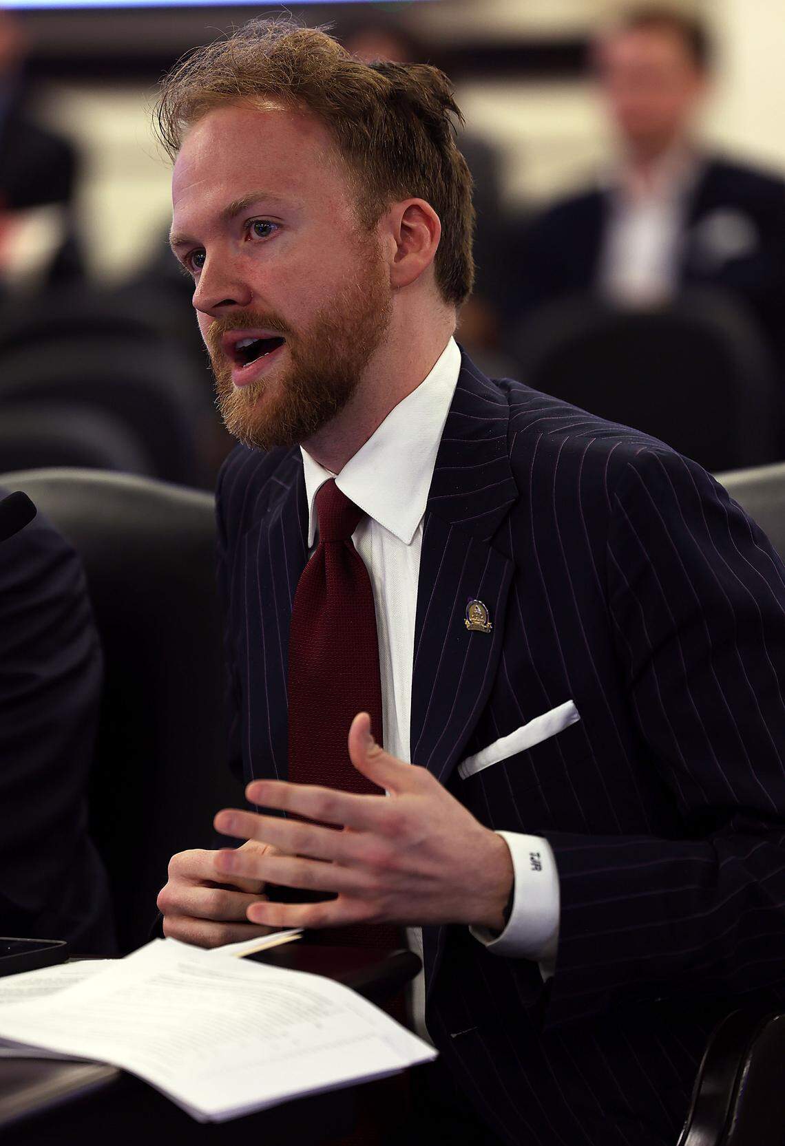 Rep. TJ Roberts, R-Burlington, speaks on eminent domain reform during the July 2025 meeting of the Interim Joint Committee on Judiciary.