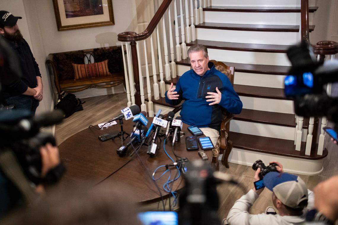 Kentucky head coach John Calipari speaks with reporters at his home Sunday after the team’s opponent, Providence, is revealed for the NCAA Tournament.