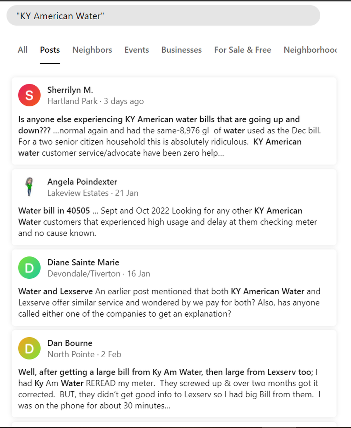 A screenshot of social media posts on Nextdoor from Kentucky American Water customers concerned about recent high water bills. 